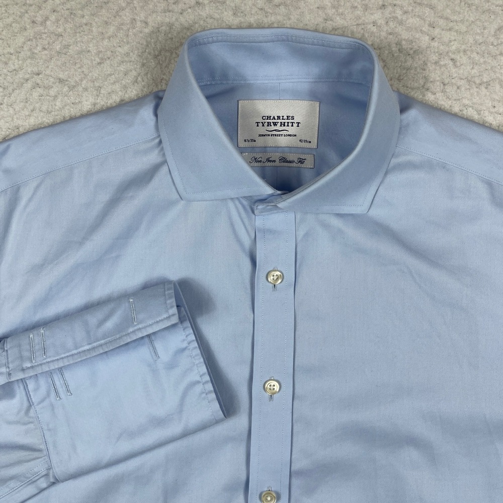 Charles Tyrwhitt Dress Shirt Mens 16.5 35 Blue Non Iron Classic Fit French Cuff